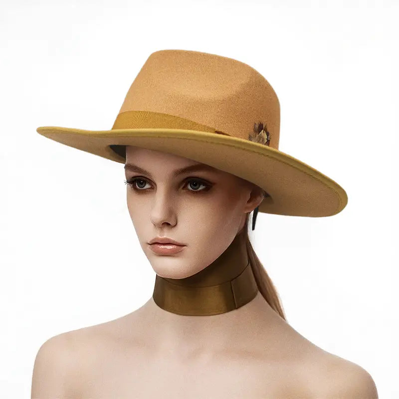 Woman wearing a tan wide - brimmed hat with decorative accents and a matching choker