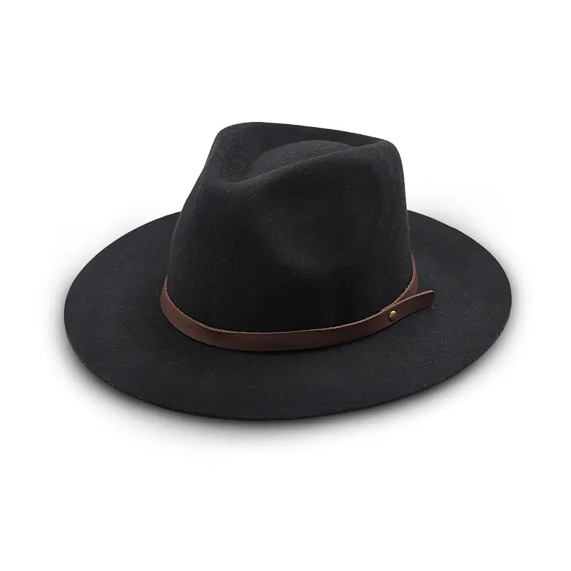 Black wide - brimmed fedora hat with brown leather band