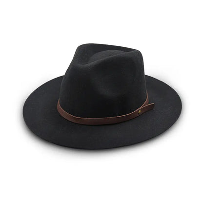 Black wide - brimmed fedora hat with brown leather band