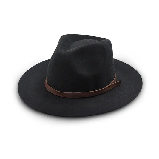 Black wide - brimmed fedora hat with brown leather band