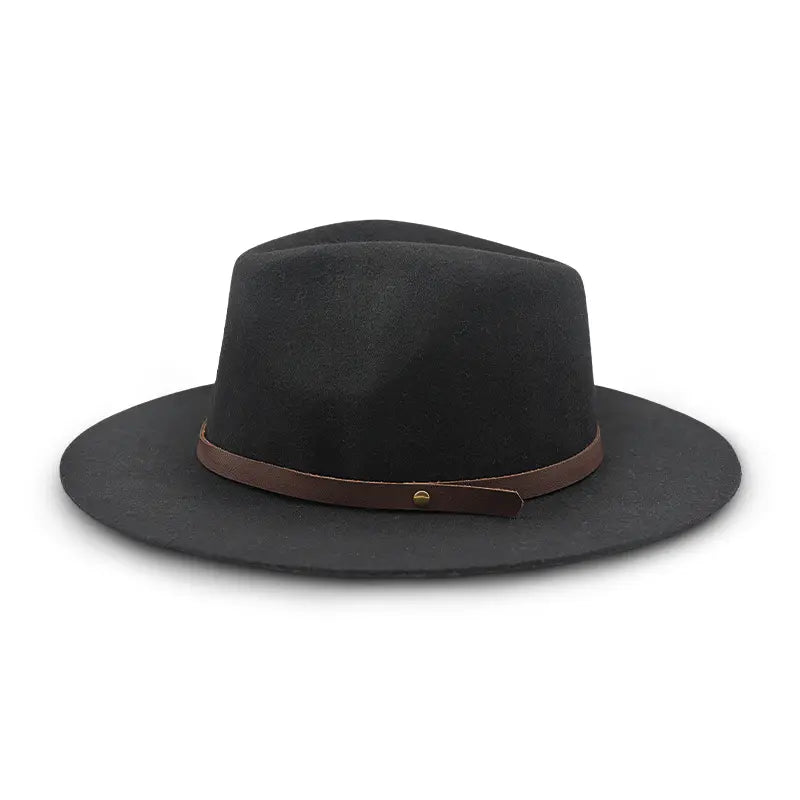 Black wide - brimmed fedora hat with brown leather band and metal button
