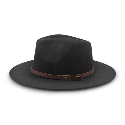 Black wide - brimmed fedora hat with brown leather band and metal button
