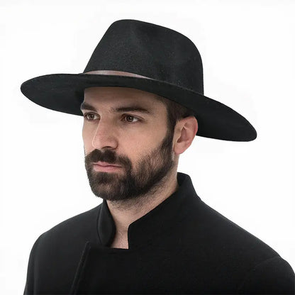 Man wearing black wide - brimmed hat with light - colored band, black high - neck coat