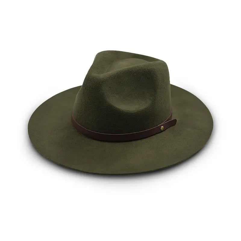 Olive green wide - brimmed fedora hat with brown leather band and metal button