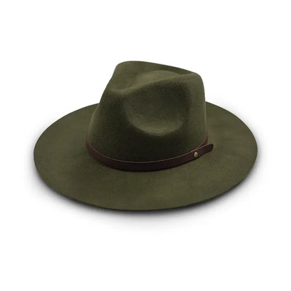 Olive green wide - brimmed fedora hat with brown leather band and metal button