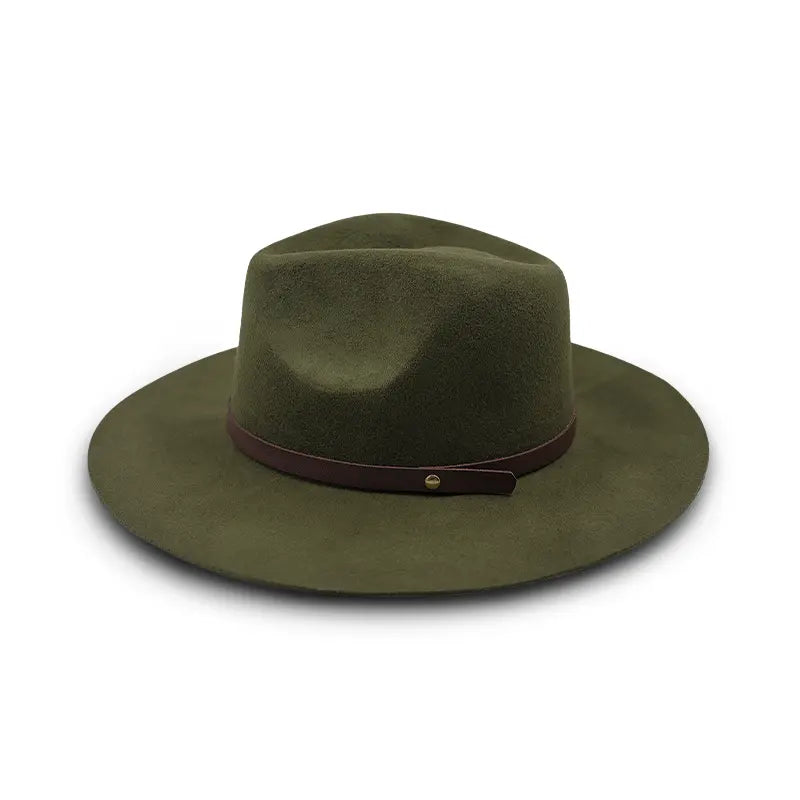 Olive green wide - brimmed fedora hat with brown leather band and metal button