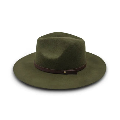 Olive green wide - brimmed fedora hat with brown leather band and metal button