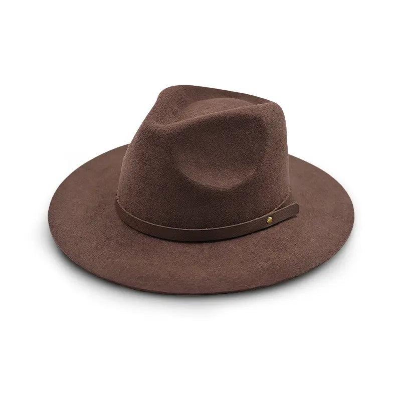 Brown wide - brimmed fedora hat with brown leather band and metal button