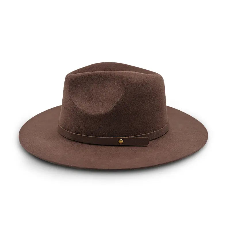 Brown wide - brimmed fedora hat with brown leather band and metal button