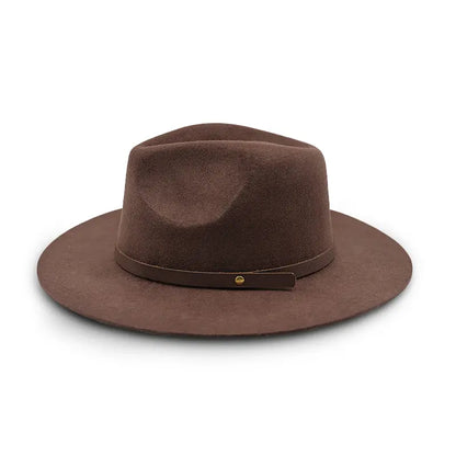 Brown wide - brimmed fedora hat with brown leather band and metal button