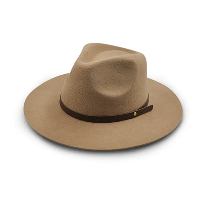 Light Khaki wide - brimmed fedora hat with brown leather band and metal button