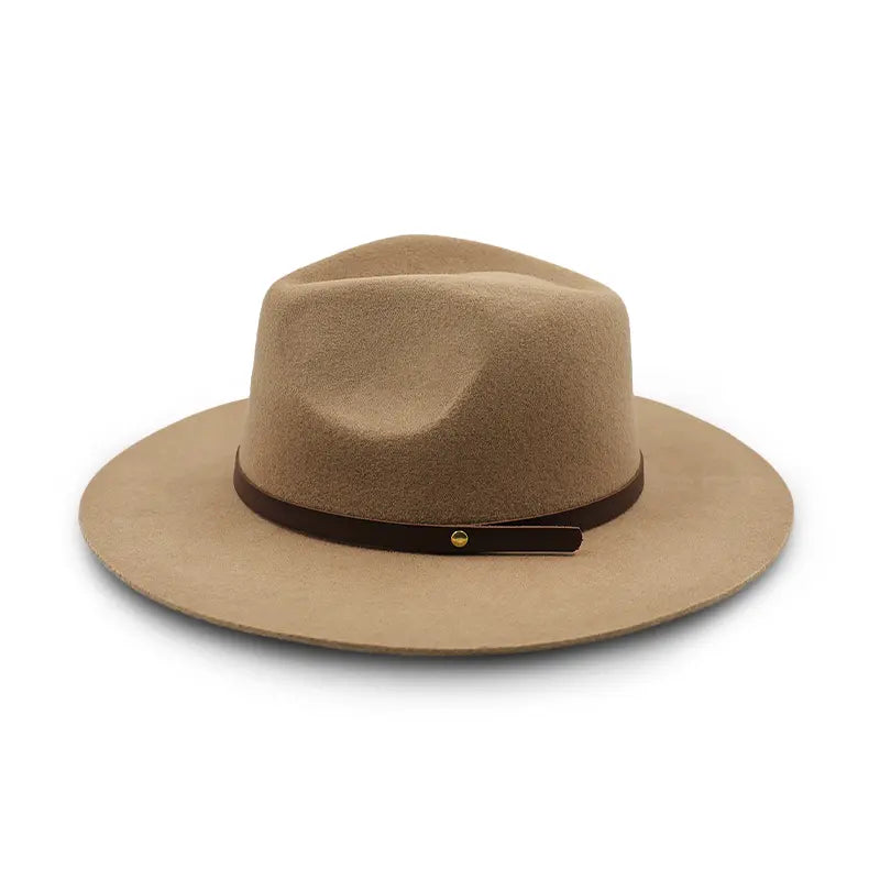 Light Khaki wide - brimmed fedora hat with brown leather band and metal button