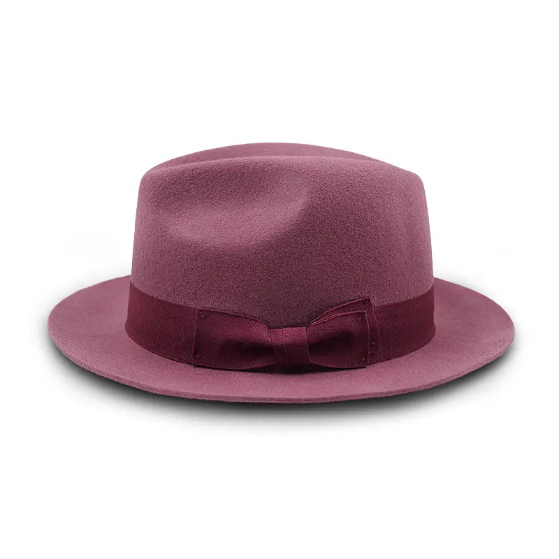 Dusty rose felt fedora - style hat with matching band and bow detail.