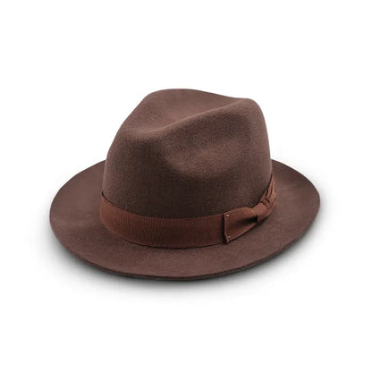 Brown felt fedora hat with a brown band and bow detail.
