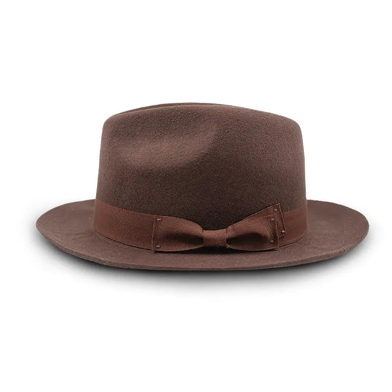 Brown felt fedora hat with a brown band and bow detail.