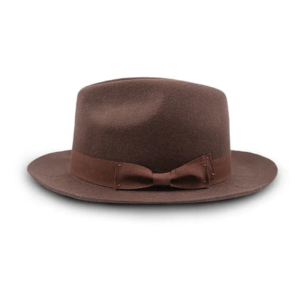 Brown felt fedora hat with a brown band and bow detail.