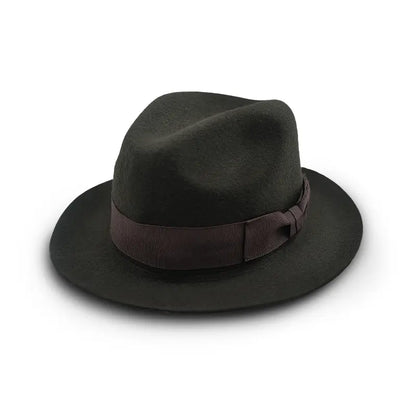 Dark green felt fedora with dark grey band and bow detail.