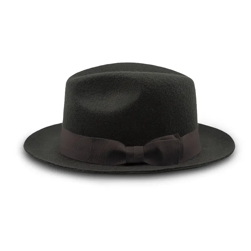 Dark green felt fedora with dark grey band and bow detail.