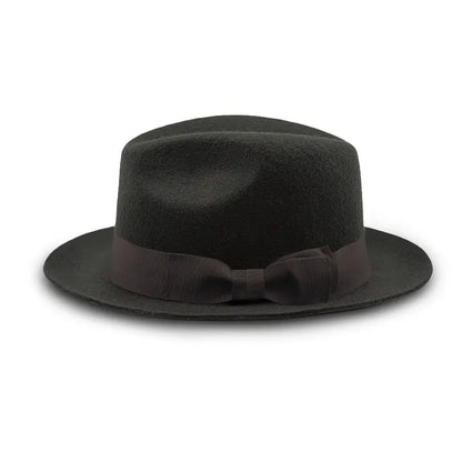 Dark green felt fedora with dark grey band and bow detail.