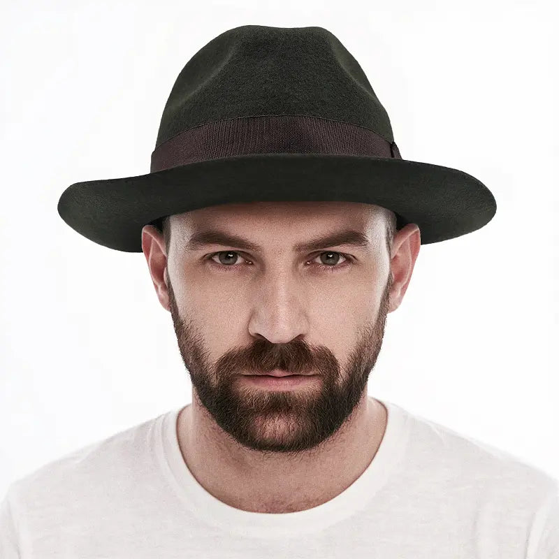 The man in the white shirt wore a dark green, wide-brimmed fedora hat with a dark grey band on the brim.