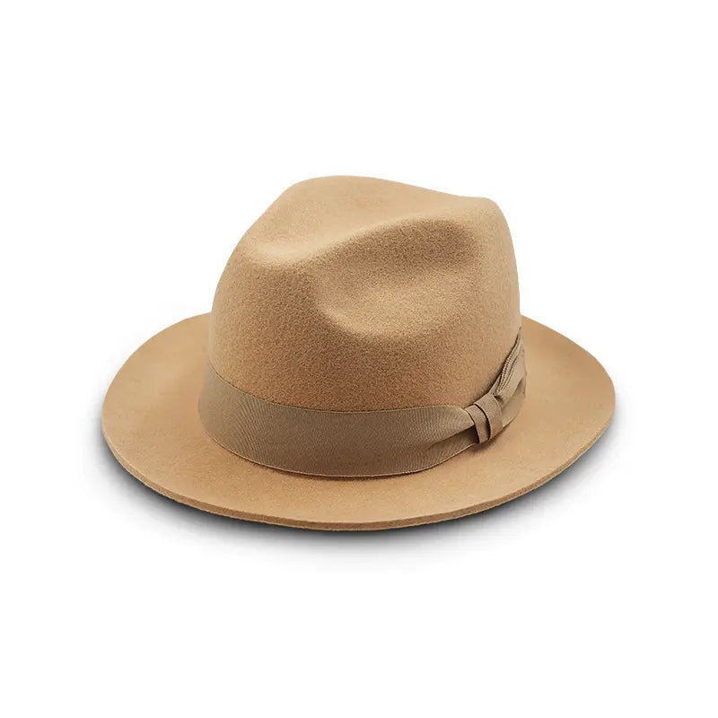 Light khaki fedora hat with matching strap and bow detail.