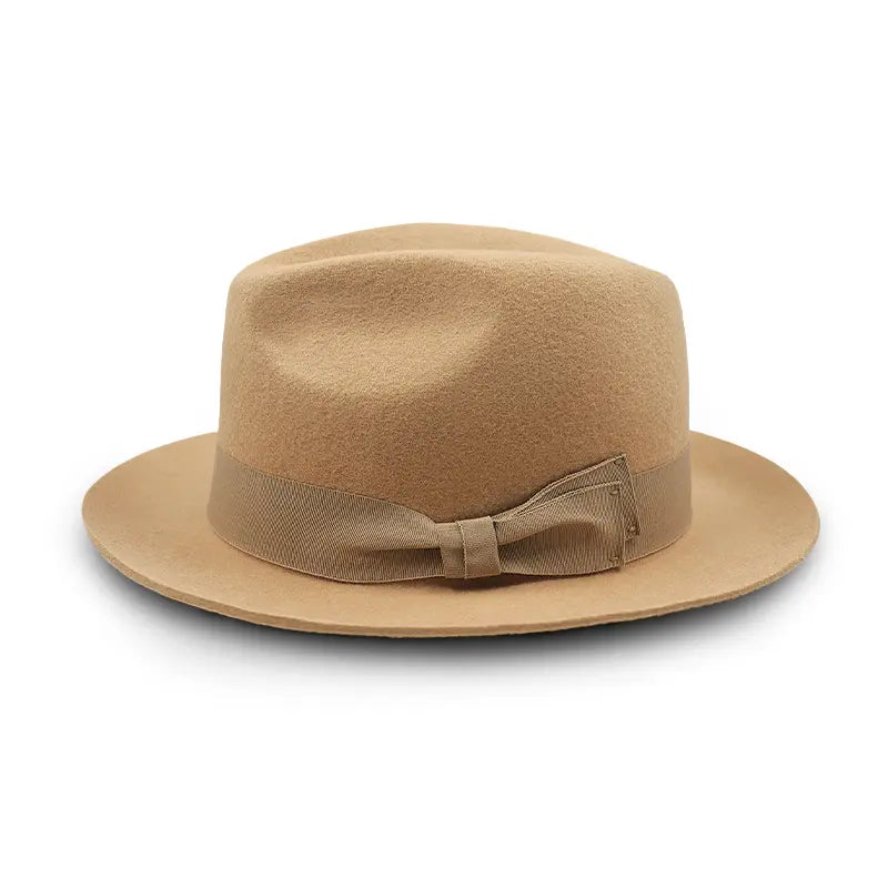 Light khaki fedora hat with matching strap and bow detail.