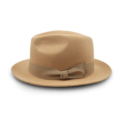 Light khaki fedora hat with matching strap and bow detail.