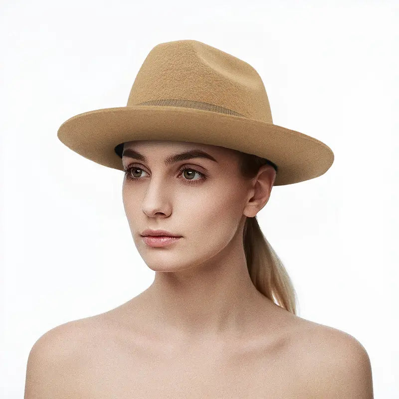 The model wore a beige, wide-brimmed fedora.